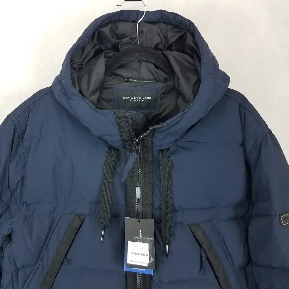 NWT MARC NY Andrew Marc Holden Jacket Coat Parka Duck Down Navy Hooded Mens L